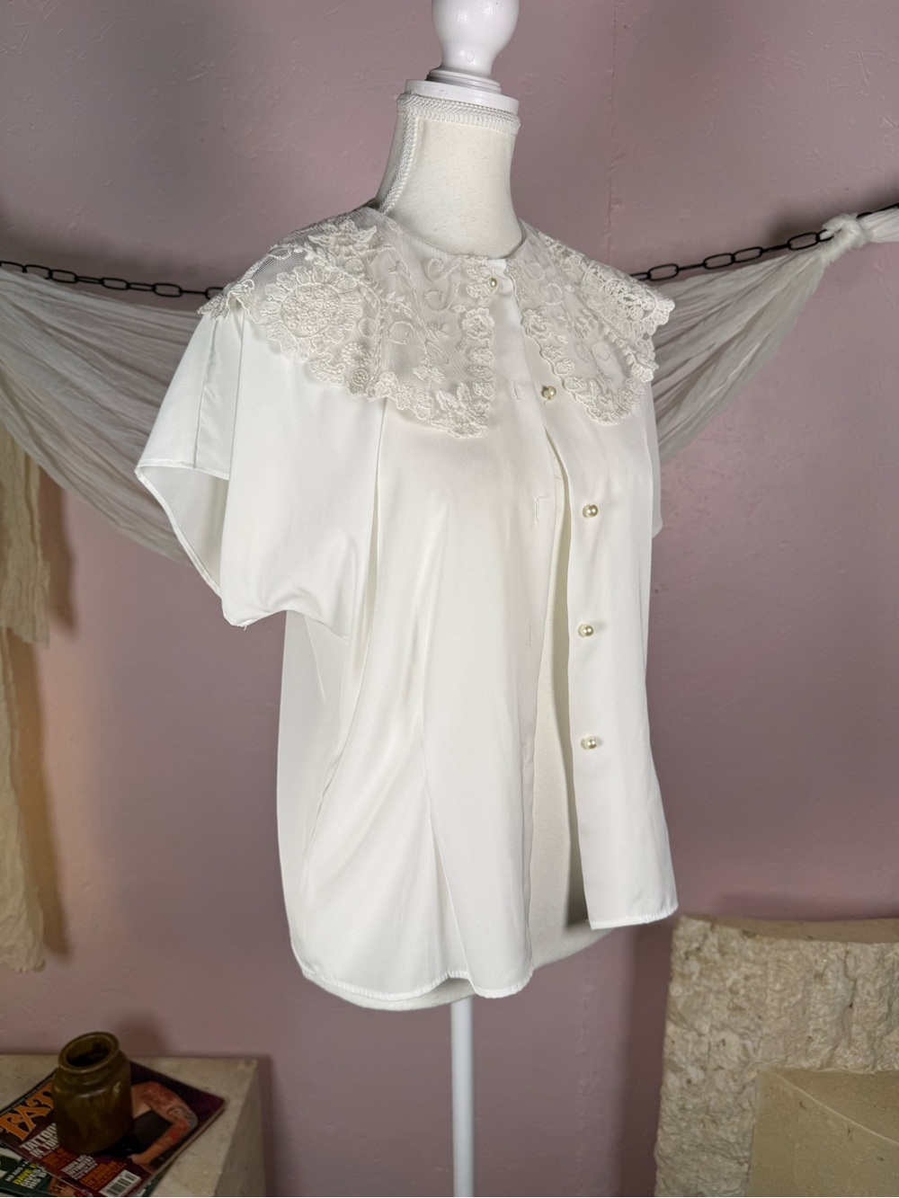 Vintage White Lace Peter Pan Collar Blouse | Cottagecore Fairy Boho Coquette | S